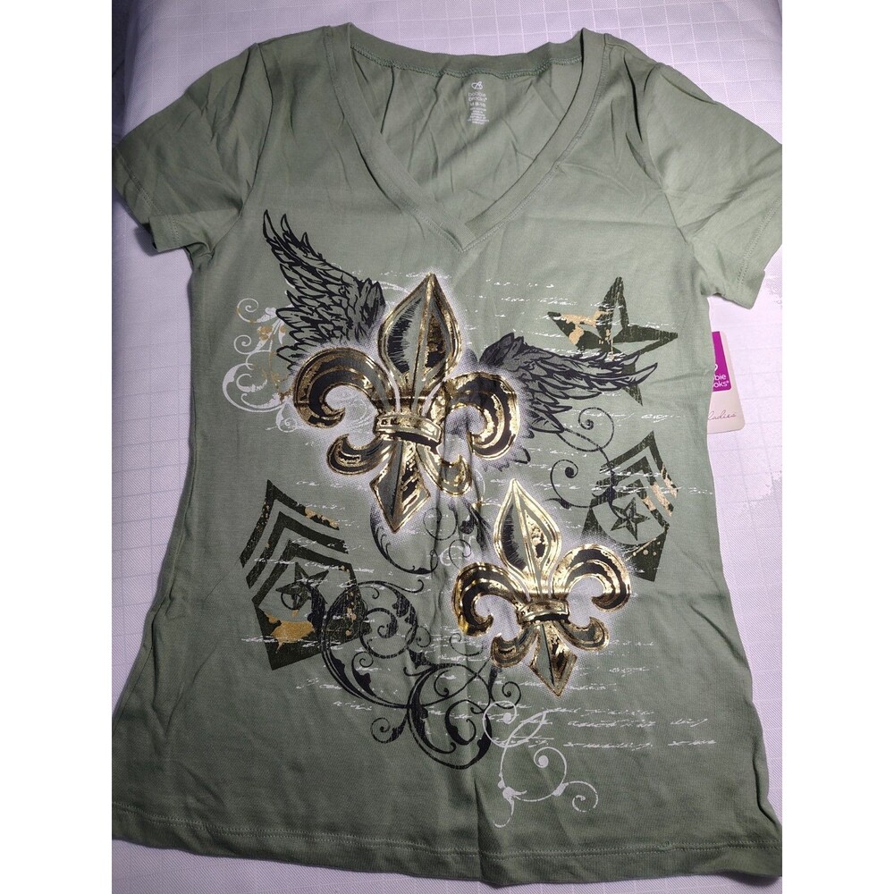 Shirt Womens  (size MEDIUM 8-10) Olive GREEN fleur-de-lis V-neck Cotton